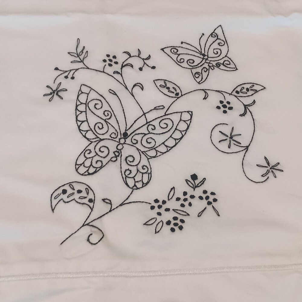 New Hand Embroidered "Butterflies" Standard Pillowcase, Qty 2